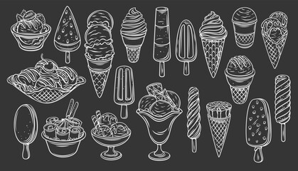 Poster - Ice cream set, outline icons set vector illustration. Monochrome summer food, soft creamy balls of dessert in cup and waffle cone, drawn white on black of sweet chocolate and vanilla frozen sundae
