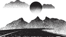 Mountain Silhouettes With Sun.  Peaks In Sunset.  Curved Road. Fog Over Mountain Landscape . Summit And Sunset Logo .Vector