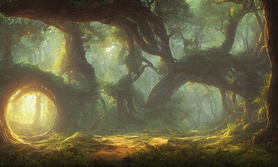 Fototapete - Amazing fantastic curved forest. Forest landscape of trees in the rays of the sun. 3d illustration
