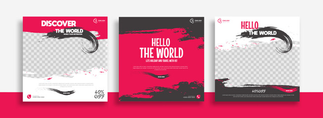 Wall Mural - travel set of editable minimal square banner template.red black white background color with geometri