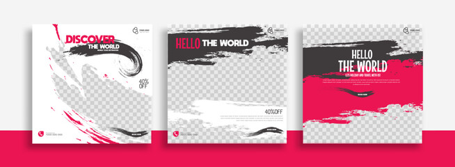 Wall Mural - Travel Set of Editable minimal square banner template. black red white background color with geometric shapes for social media post, story and web internet ads. Vector illustration