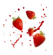 Isolated of flying strawberries with red fruits juice splashing