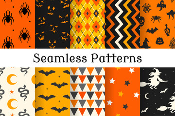 Wall Mural - halloween seamless pattern set. collection of holiday backgrounds with witch, bat, pumpkin, skull, g