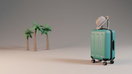 3d model of a suitcase with a hat and palm trees. 3d vacation concept with place for text. Travel time. 3d poster for travel agency design. Immigration around the world.Checking luggage at the airport