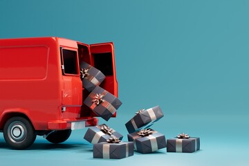 parcel delivery truck. a red truck from which gift boxes are poured on a turquoise background. 3D render