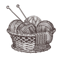 Set For Handmade Knitting. Basket With Balls Of Yarn And Knitting Needles. Vintage Vector Sketch Vector Illustration