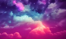 Abstract Fantasy Landscape. Cumulus Neon Clouds Against Night Purple Sky. Beautiful Natural Wallpaper. 3D Illustration.