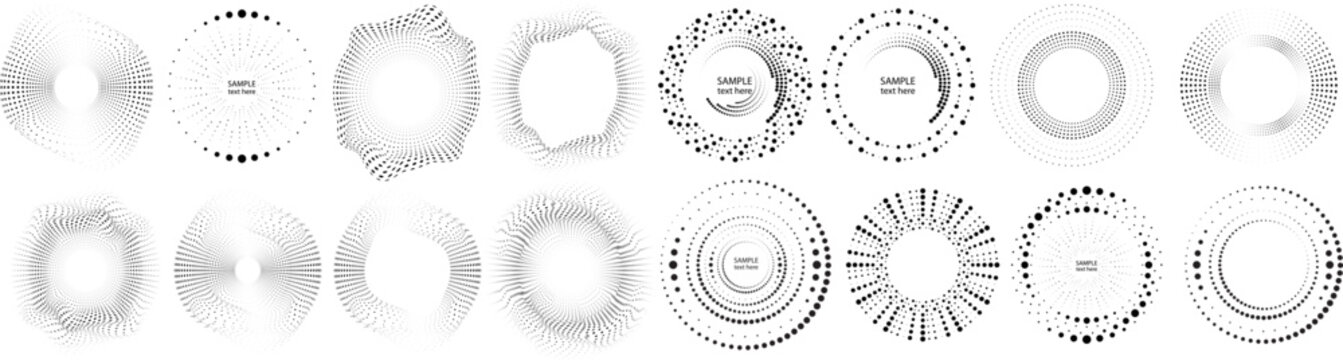 Abstract geometric circles with halftone  dots. Vector rotating dotted Line Design . Transparent design element . Concentric circles logo set .Minimal art 