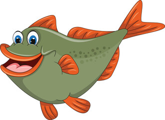 Wall Mural - Fish green and orange fin with big smile fat cartoon vector illustration