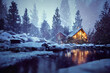 log cabin in winter forest