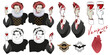 Vampire dressed in Elizabethan period costume holding a glass of wine and a bleeding heart. Bat emblems. Scary illustrations isolated on white background.