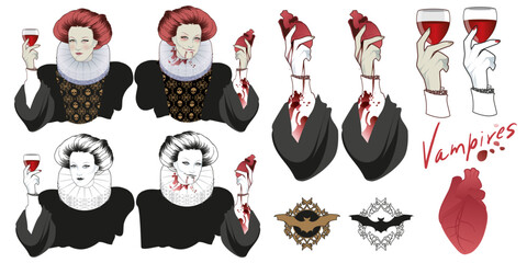 Fototapeta vampire dressed in elizabethan period costume holding a glass of wine and a bleeding heart. bat emblems. scary illustrations isolated on white background.