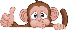 A Monkey Cartoon Character Animal Peeking Over A Sign And Giving A Thumbs Up
