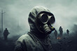man with gas mask in apocalyptic post war scene 3d illustration