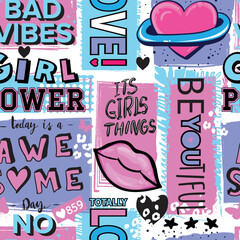 Wall Mural - Girls seamless pattern with calligraphic slogan, hearts, words  . background for texylie, graphic tees, kids wear. Wallpaper for teenager girls. Fashion style