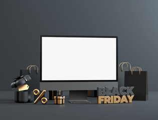 Wall Mural - Computer desktop blank screen mockup for Black Friday offer flyer template with black and gold stuff and copy space in 3D rendering. Super discounts and shopping online concept
