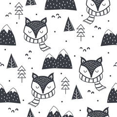 Wall Mural - Cute hand drawn seamless pattern with Fox, forest elements and snowy mountains. Childish Cartoon Animals Background. design for fabric, wrapping, textile, wallpaper and more