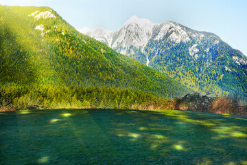 Wall Mural - Green field and mountains