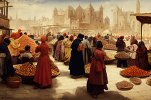 Crowd Of Peasants Shopping For Spices In Medieval Times. Exported Spice Market In The Middle Ages. Town Square Full Of Traders With Colourful Merchandise From The Middle East. Antique Trading.