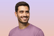 © Damir Khabirov - Close up portrait of smiling handsome male in purple t-shirt looking right