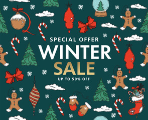 Wall Mural - Christmas sale, pattern. Hand drawn illustration.