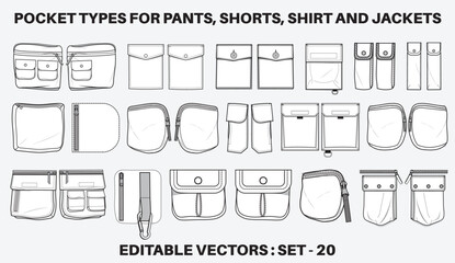 Patch pocket flat sketch vector illustration set, different types of Clothing Pockets for jeans pocket, denim, sleeve arm, cargo pants, dresses, bag, garments, Clothing and Accessories