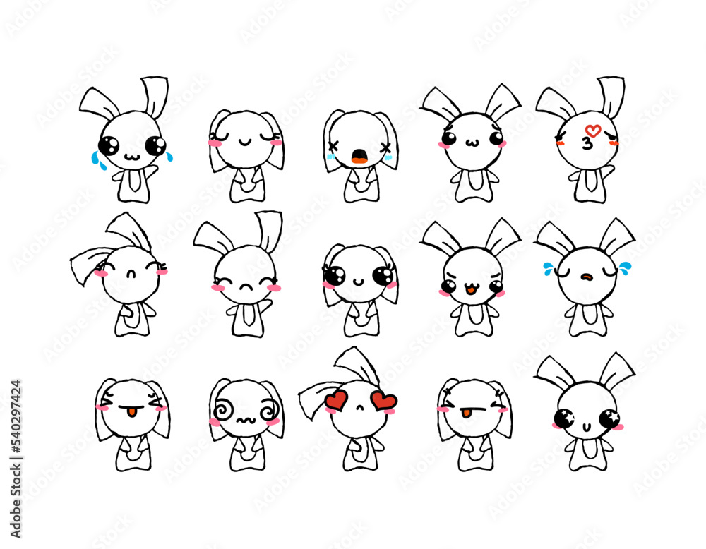 Set of Rustic Rabbits with Emoticons. Doodle faces, eyes and mouth ...