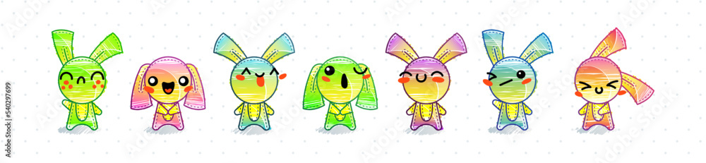 Raimbow Rabbits. Emoticons, doodle faces, eyes and mouth. Caricature ...