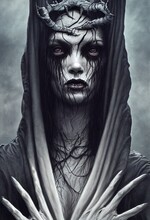 Creepy Hooded Priestess Vile Black Marsh Banshee With Tangled Roots