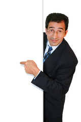 Wall Mural - series of gestures: manager points his index finger symbolically at an advertisement.