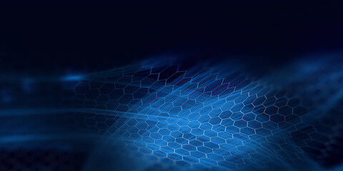 Hexagon Blue Technology background with light and Defocused Edges. dark Abstract of Geometric Dots and Hexagonal Shapes 