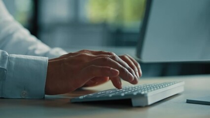Unknown programmer businessman hacker web engineer specialist man typing on keyboard coding digital code use online business program working in net cyberspace internet technology modern IT profession