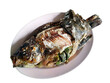 Tilapia salt grilled with herbs on plate. Isolation Thai food ready to use for graphic design.