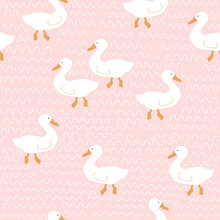 Pink Seamless Pattern With White Wild Birds. Simple Flat Print. Vector Hand Drawn Illustration.