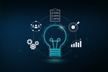 Concept idea of innovation, Cycle of digital business including icon process of work, customers relation, target goal to achieve, planning and data, analysis of report, statistics on blue background.