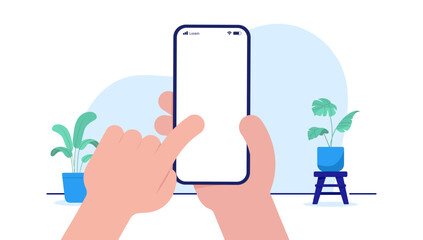 Poster - Using phone - Vector illustration of hand holding mobile phone and finger on touchscreen. Template mockup with blank empty screen. Flat design with white background