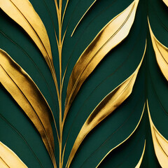 A seamless repeatable floral pattern with golden leaves on a green background, art deco, gold, retro pattern