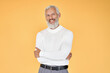 © insta_photos - Happy mature older gray-haired business man, smiling stylish cool middle aged old senior bearded professional businessman standing with arms crossed isolated on yellow background.