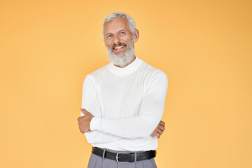 Happy mature older gray-haired business man, smiling stylish cool middle aged old senior bearded professional businessman standing with arms crossed isolated on yellow background.