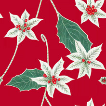 A Beautiful Seamless Floral Pattern Of Red Poinsettia On A Red Background, Christmas Plant, Decoration Pattern For Present Wrapping, Cards.
