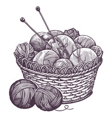 Wall Mural - Basket with wool balls, yarn, knitting needles. Handmade knitting concept. Sketch vintage vector illustration