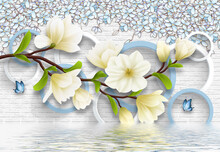 Big Branch Flowers With Circles Of Light Blue On Bricks And White Wallpaper 3d