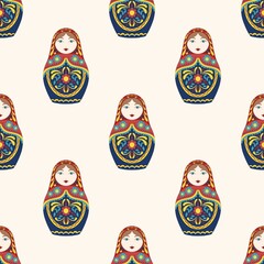 Russian folk doll. Traditional matryoshka doll. Vector seamless pattern.