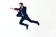 © SHOTPRIME STUDIO - Man business smile with teeth in costume running and jumping flying up open mouth happiness and surprise full-length on white isolated background copy space