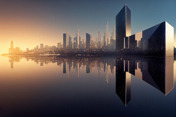 Modern City Skyline at sunset whit reflection. 3d rendering