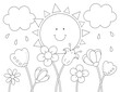 © BaMic illustrations - cute coloring page with garden flowers and a cartoon sun. you can print it on 8.5x11 inch paper