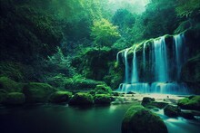 Fantasy Concept Showing A Multnomah, Oregon, USA Peaceful Waterfall Surrounded By Greenery. Digital Art Style, Illustration Painting , Horizontal Side View, Skyline