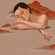 Woman laying down among mountains, zen scene, garden, folding arms, sleeping pose, digital illustration