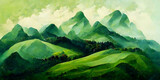 Fototapeta Londyn - beautiful landscape of green mountains and fields, 3D Illustration