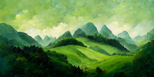 Beautiful Landscape Of Green Mountains And Fields, 3D Illustration
